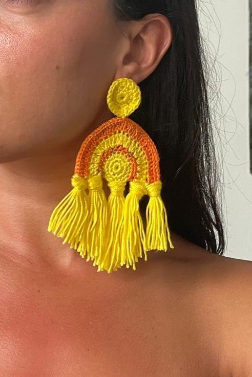 El Örgüsü Sarı & Turuncu Püsküllü Küpe