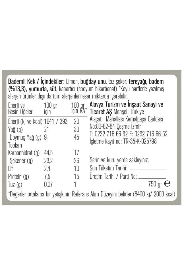Alavya Çeşme Limonlu Bademli Kek