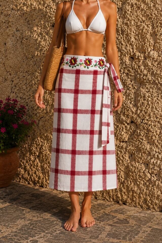 El Dokuma Vintage Keten Etek — Kırmızı Ekose