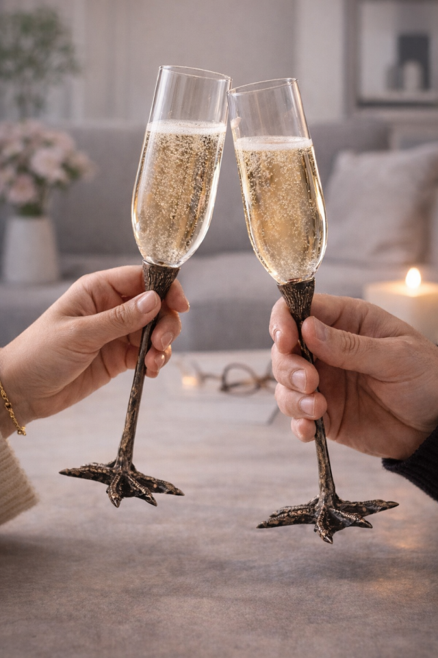 Luan - Dökme Bronz Balıkçıl Kuş Ayaklı Şampanya Kadehi