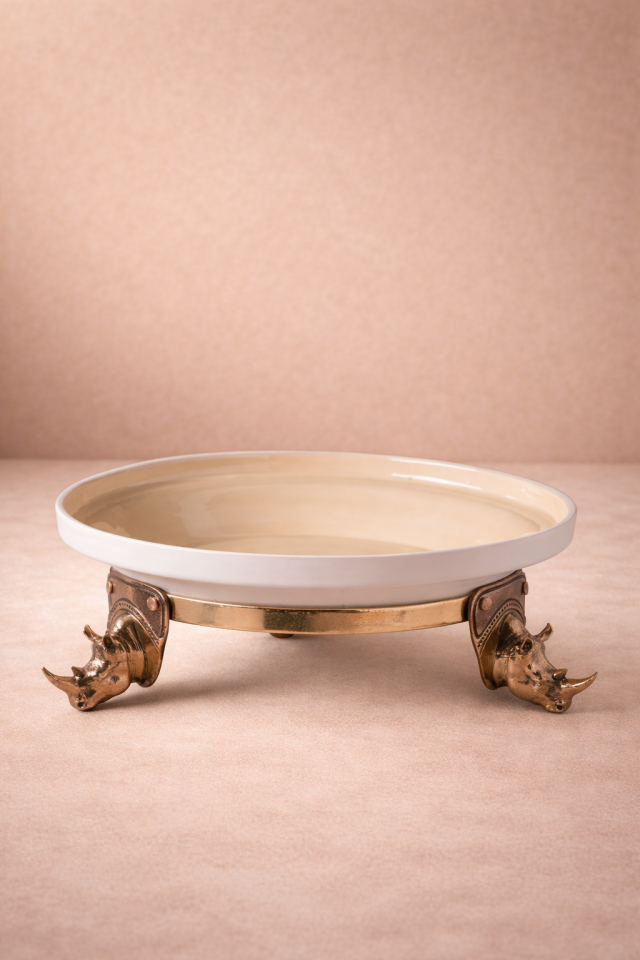 Rhino Trio - Dökme Bronz Gergedan Ayaklı Seramik Meze Tabağı