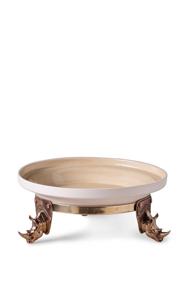Rhino Trio - Dökme Bronz Gergedan Ayaklı Seramik Meze Tabağı