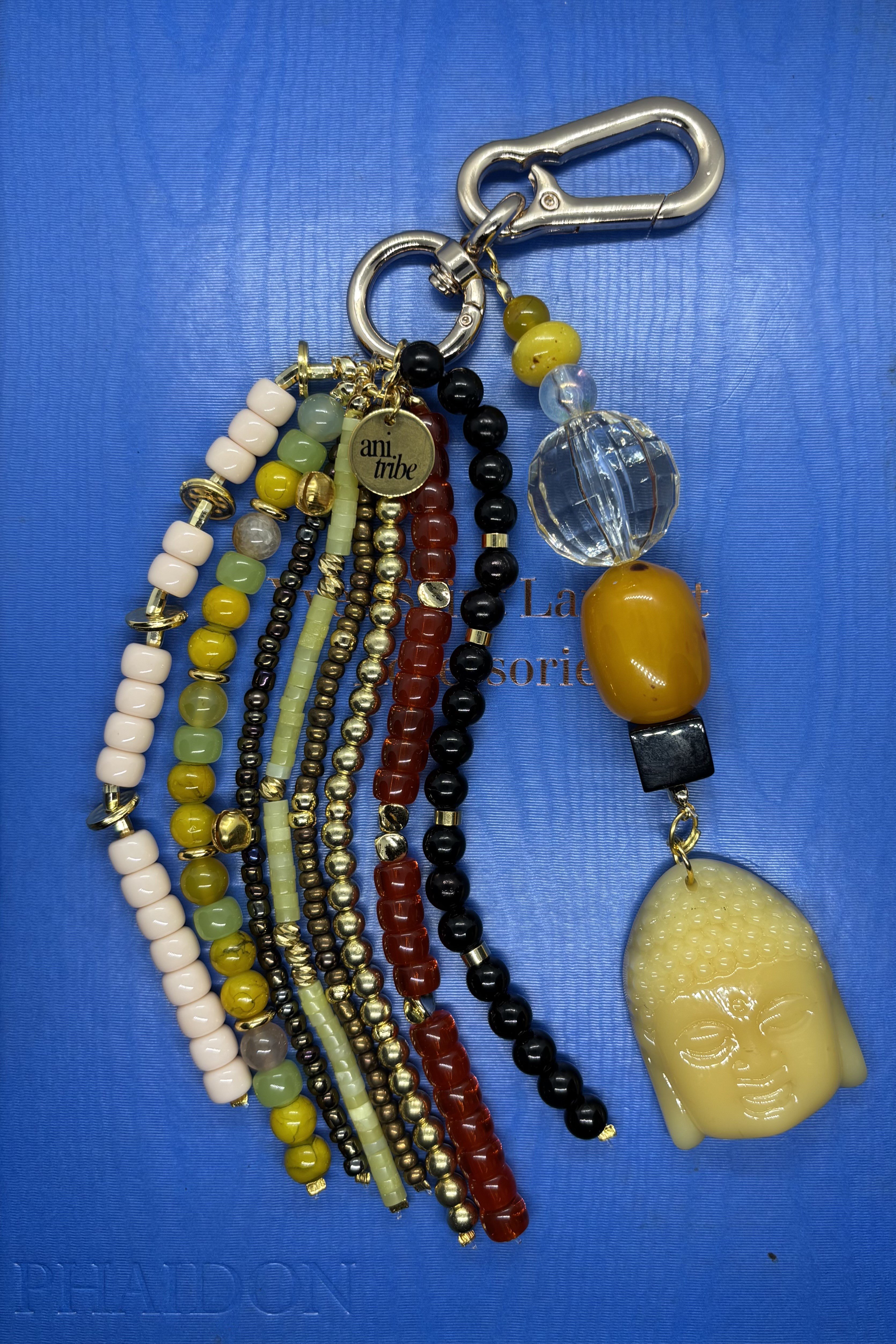 Sarı Cam Buddha & Boncuk Püsküllü Bag Charm