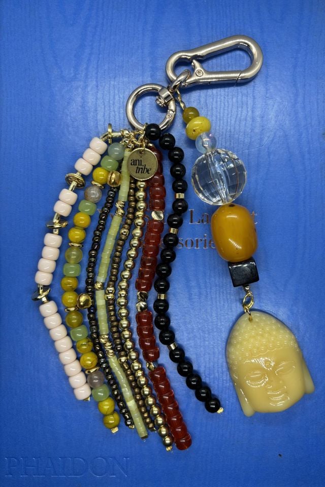 Sarı Cam Buddha & Boncuk Püsküllü Bag Charm